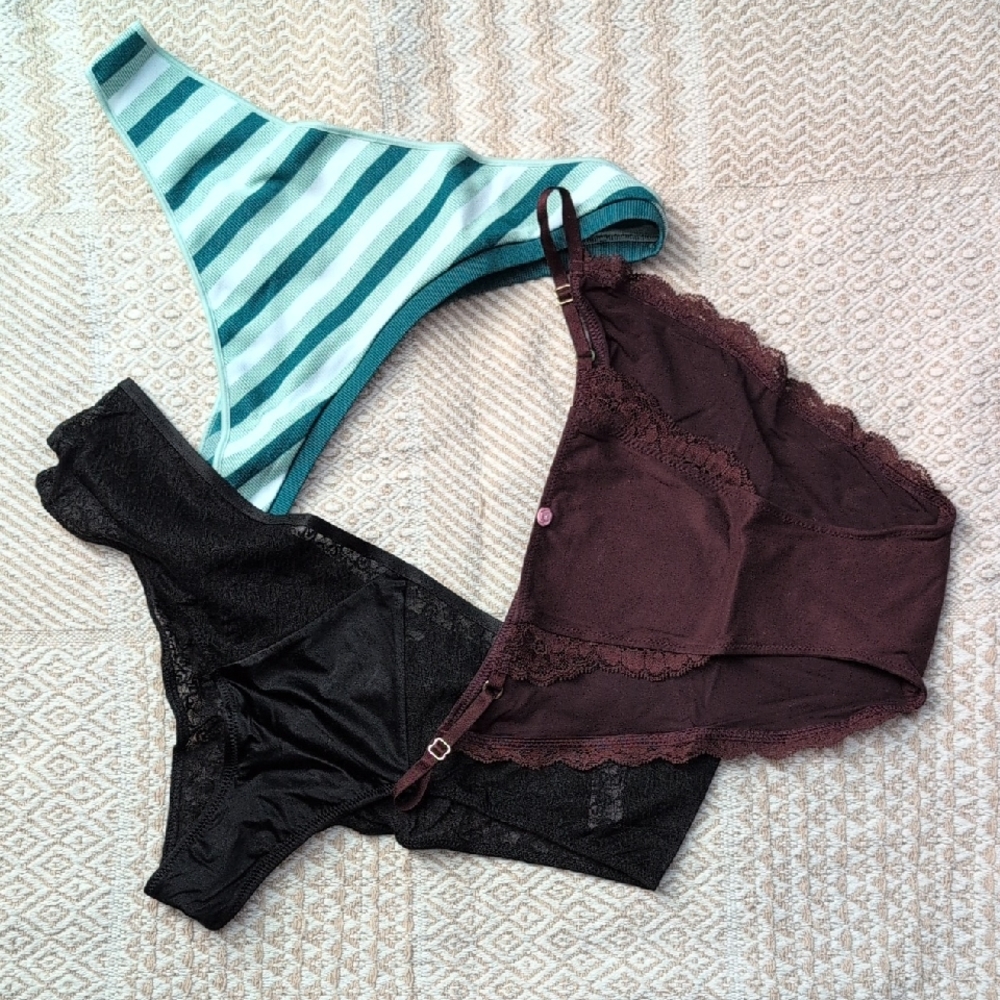 Victoria's Secret Striped Teal, Black, and Brown Panties Set